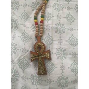 Prince Symbol Wooden Necklace with Brass Inlay and Colorful Beads